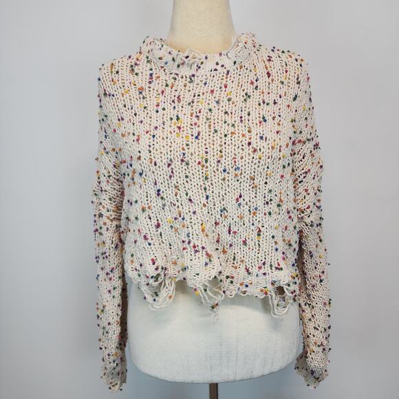 Main Strip Oversized Ripped Hem Cropped Sweater Size S Cream Pom Pom Soft Cozy - Picture 1 of 12